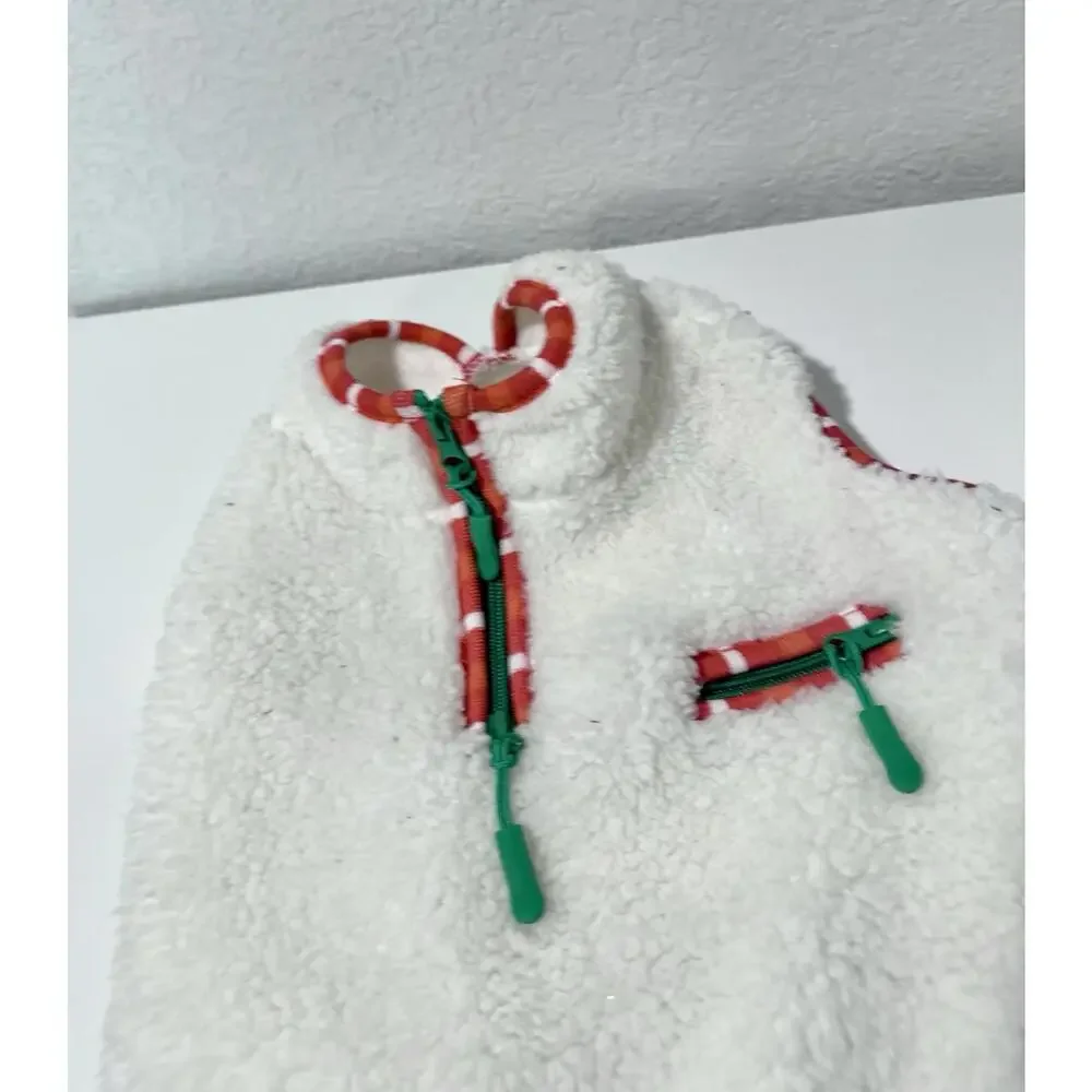 NEW Dog Vest Holiday Theme Christmas White Fuzzy Zipper Pockets Candycane Medium - Picture 3 of 9